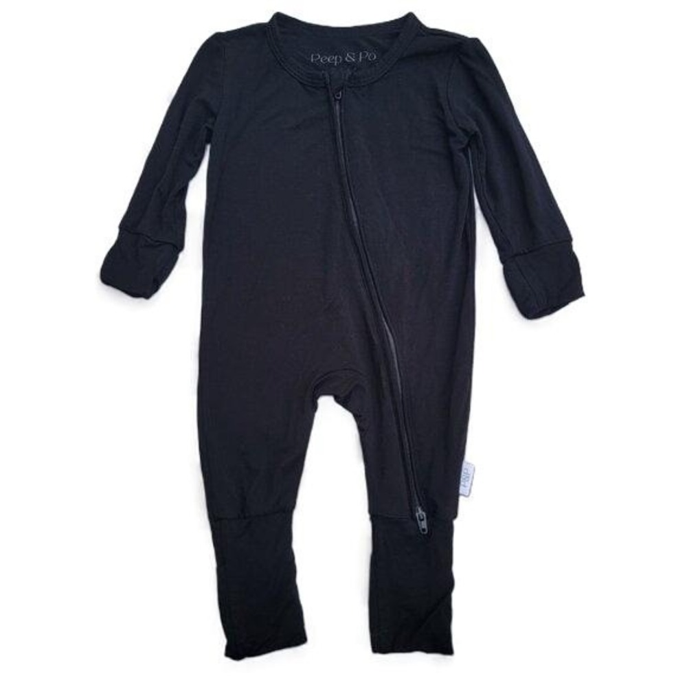 Peep & Po Bamboo Solid Black‎ Convertible Footie Zip Romper Size 0-3m